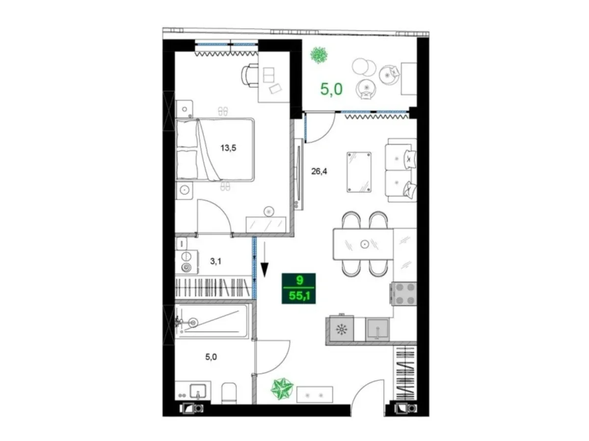 2 спальни, 55,1 м²